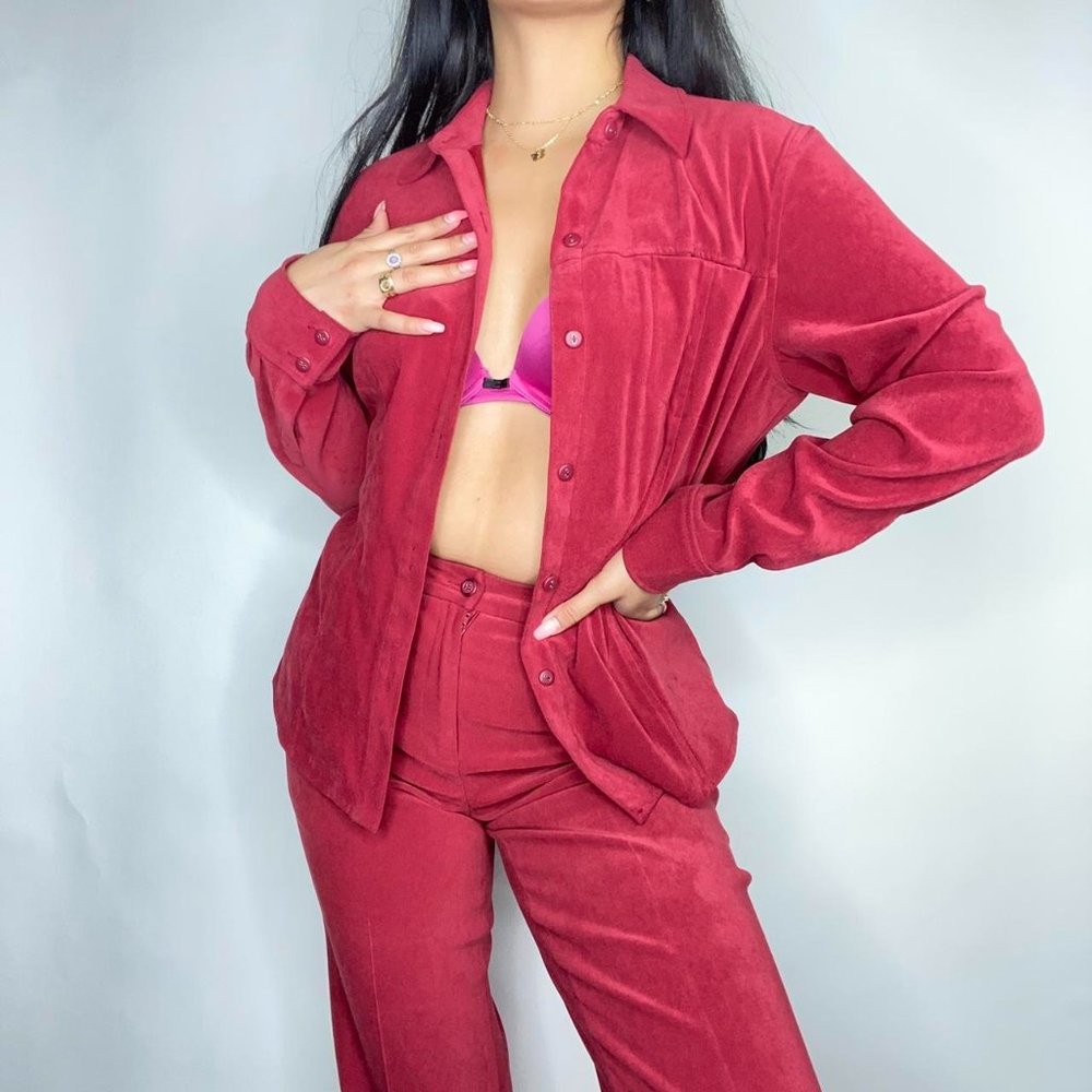 Red two piece pants suit set in the most high quality suede Talbots vintage